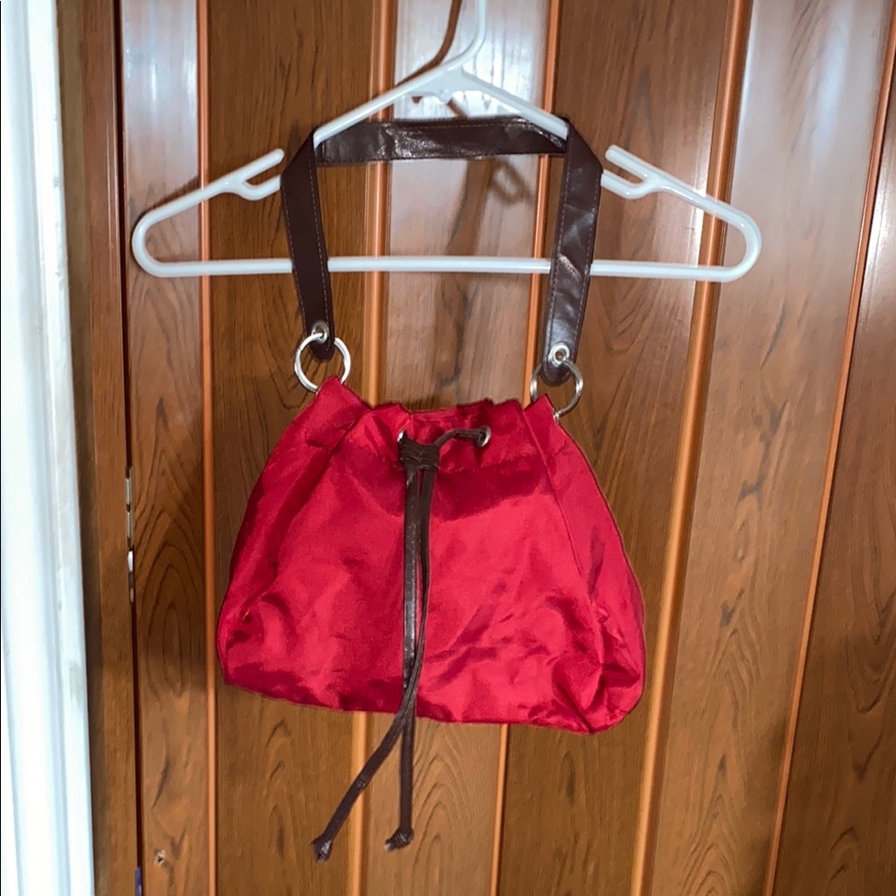 Vibrant Red Satin Handbag with Dark Brown Straps